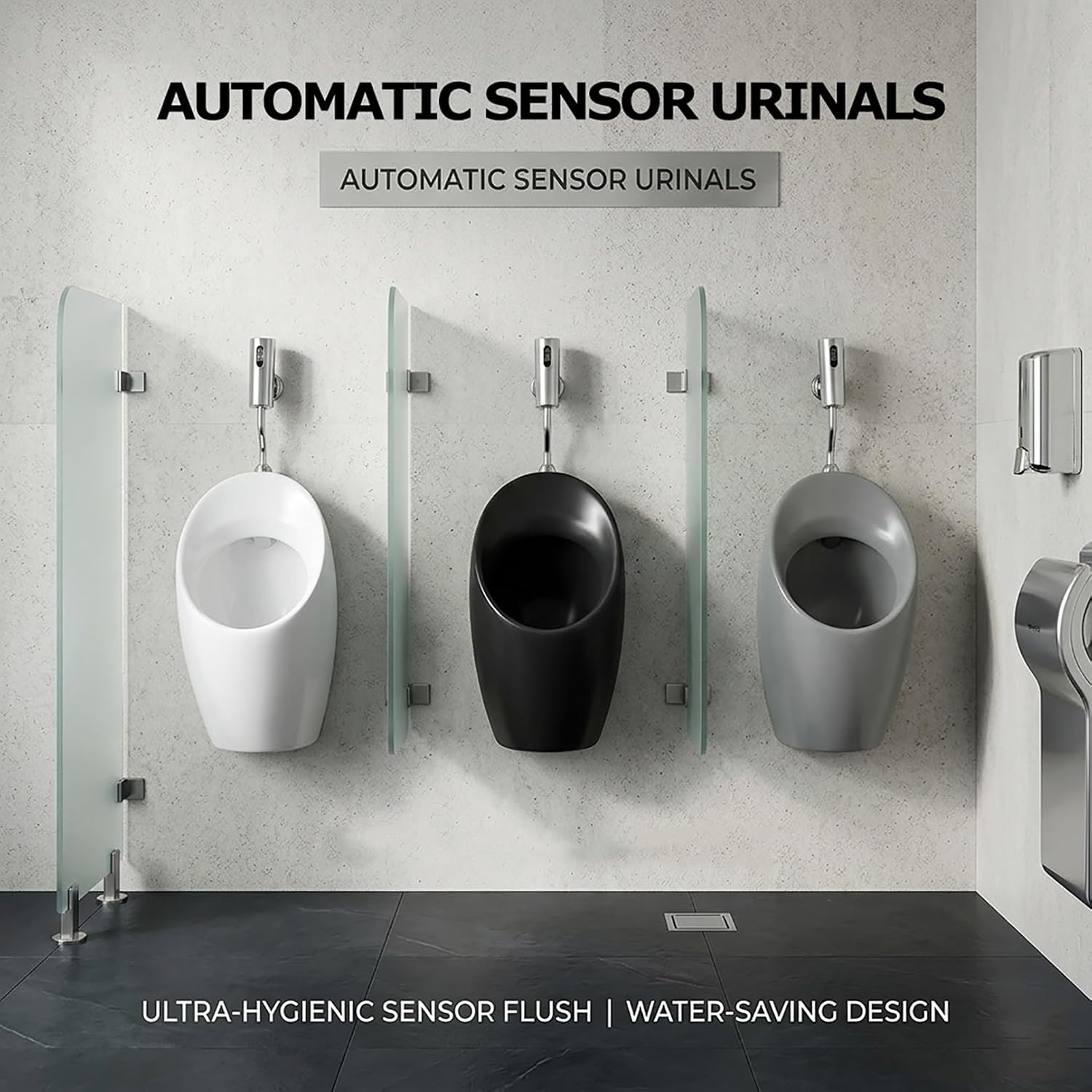 Wall Mounted Ceramic Urinal for Men with Automatic Sensor Flush, Odor-Resistant Smart Induction Mens Urinal, for Commercial and Home Bathroom, Office, Hotel(Black,Sensor B)