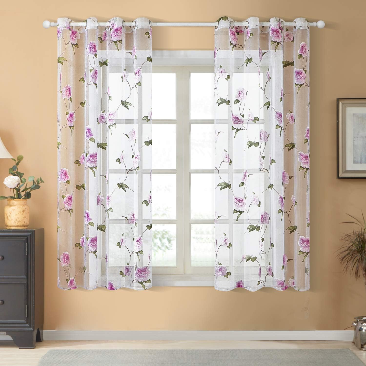 Top Finel Floral Sheer Curtains 63 Inch Length for Living