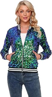 Womens Sequin Jacket Long Sleeve Zipper with Pockets Casual Party Sequin...