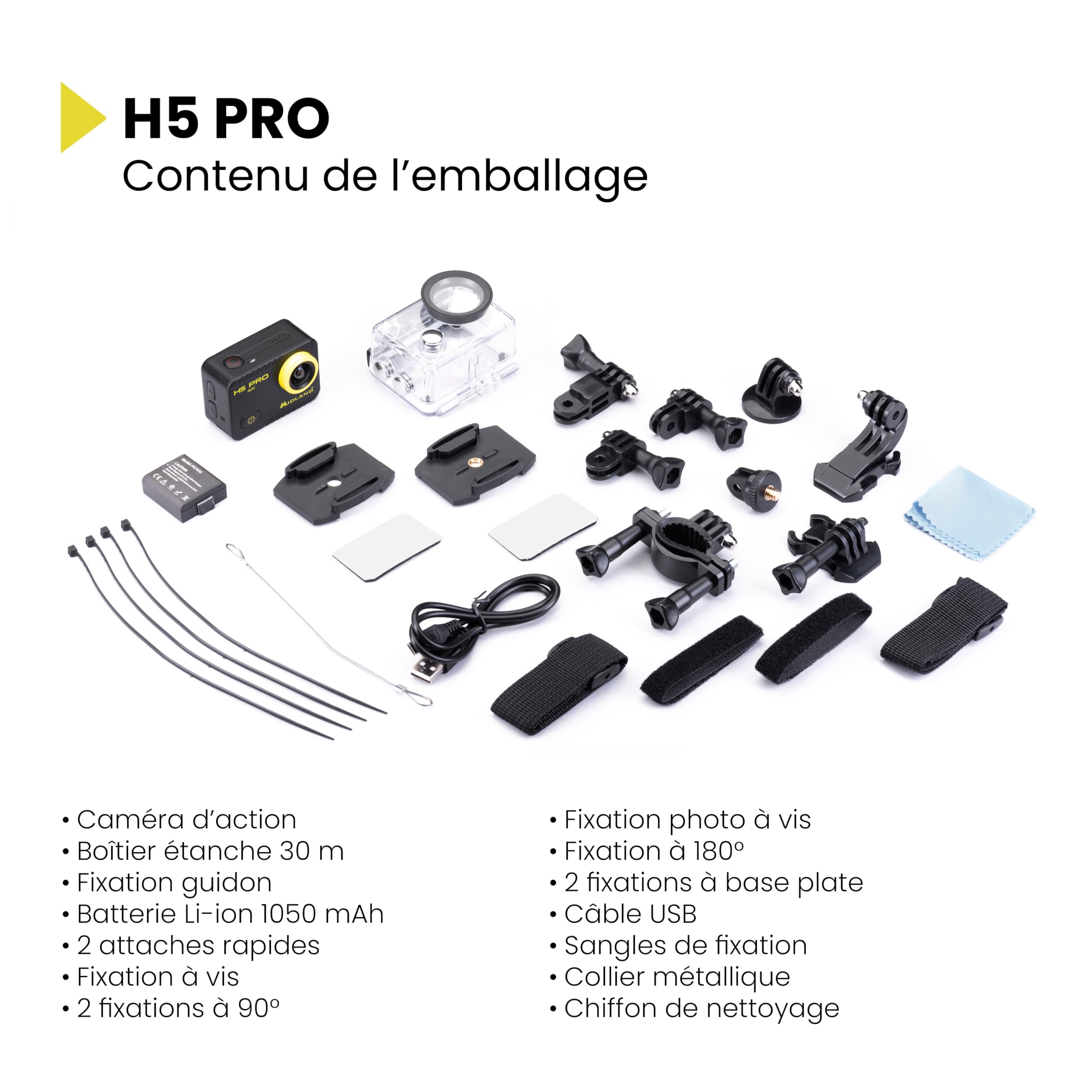 Midland H5 Pro C1515 - Caméra d'action Ultra HD Légère, Photos en Time Lapse, Grand Angle 140°, Wi-FI, Écran LCD, Enregistrement Cyclique pour Voiture et Boîtier Étanche Jusqu’à 30 Mètres, Noir/Jaune