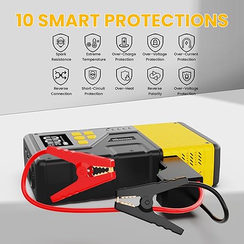 Miniatura 7 de Arrancador portátil de coche con compresor de aire para emergencias, pico de 3000 A y 150 PSI máximo, para motores de gasolina de 12 L y 10 L,