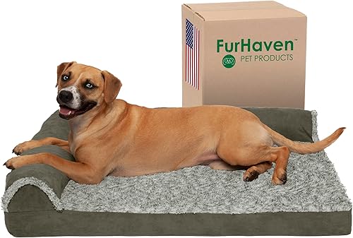 Furhaven - Cama para perro de espuma de gel refrescante, de piel sintética y gamuza, en dos tonos, estilo diván en forma de L, color salvia oscura,