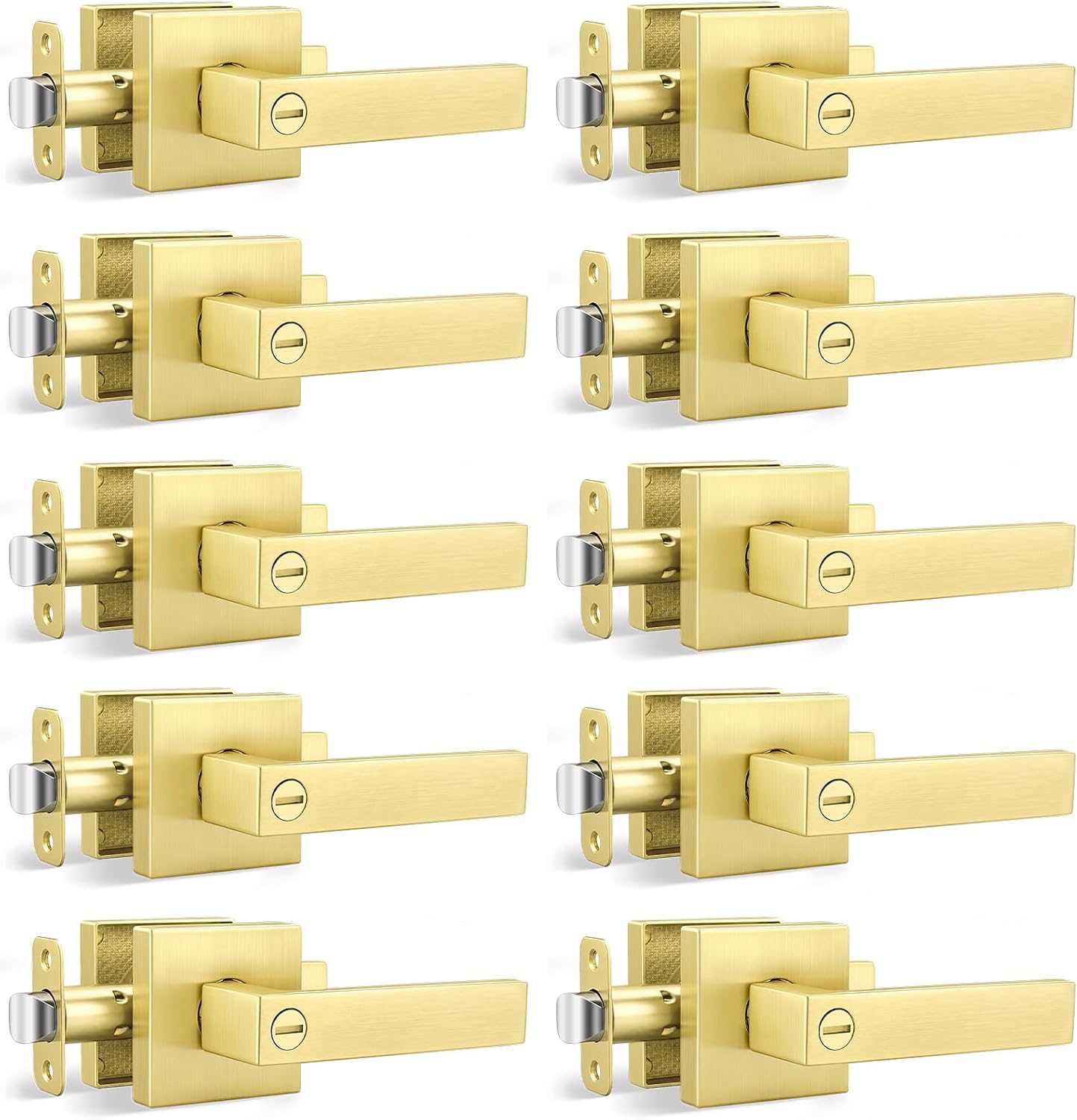 Goldenwarm Brushed Gold Door Handles Interior 10 Pack, Keyless Privacy Door Levers with Lock for Bedroom and Bathroom, Heavy Duty Zinc Alloy Interior Door Handles, Reversible Ambidextrous