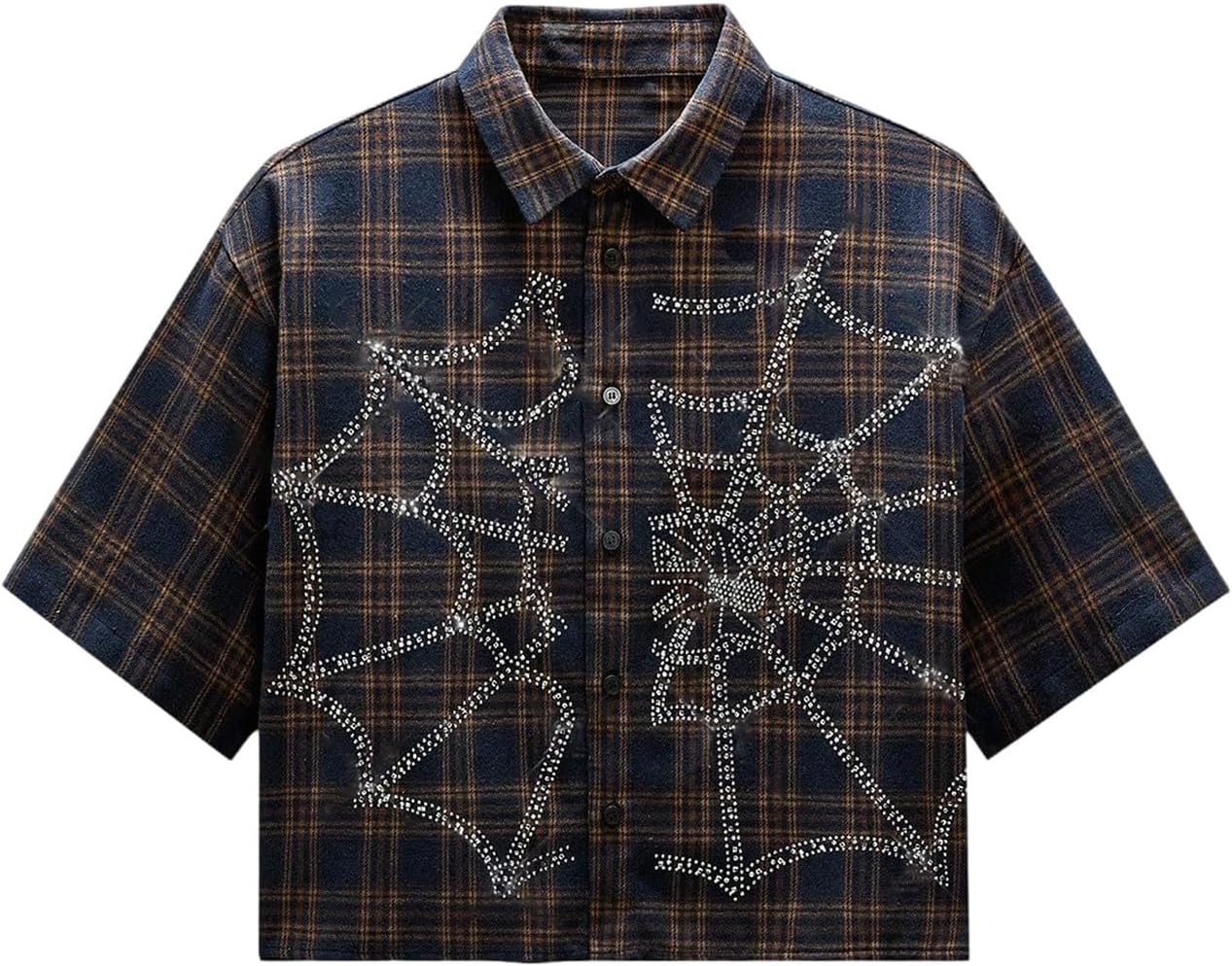 GORGLITTER Men's Checkered Cropped Shirt Button Up Number Graphic Boxy Short Sleeve Vacation Crop Tops Streetwear