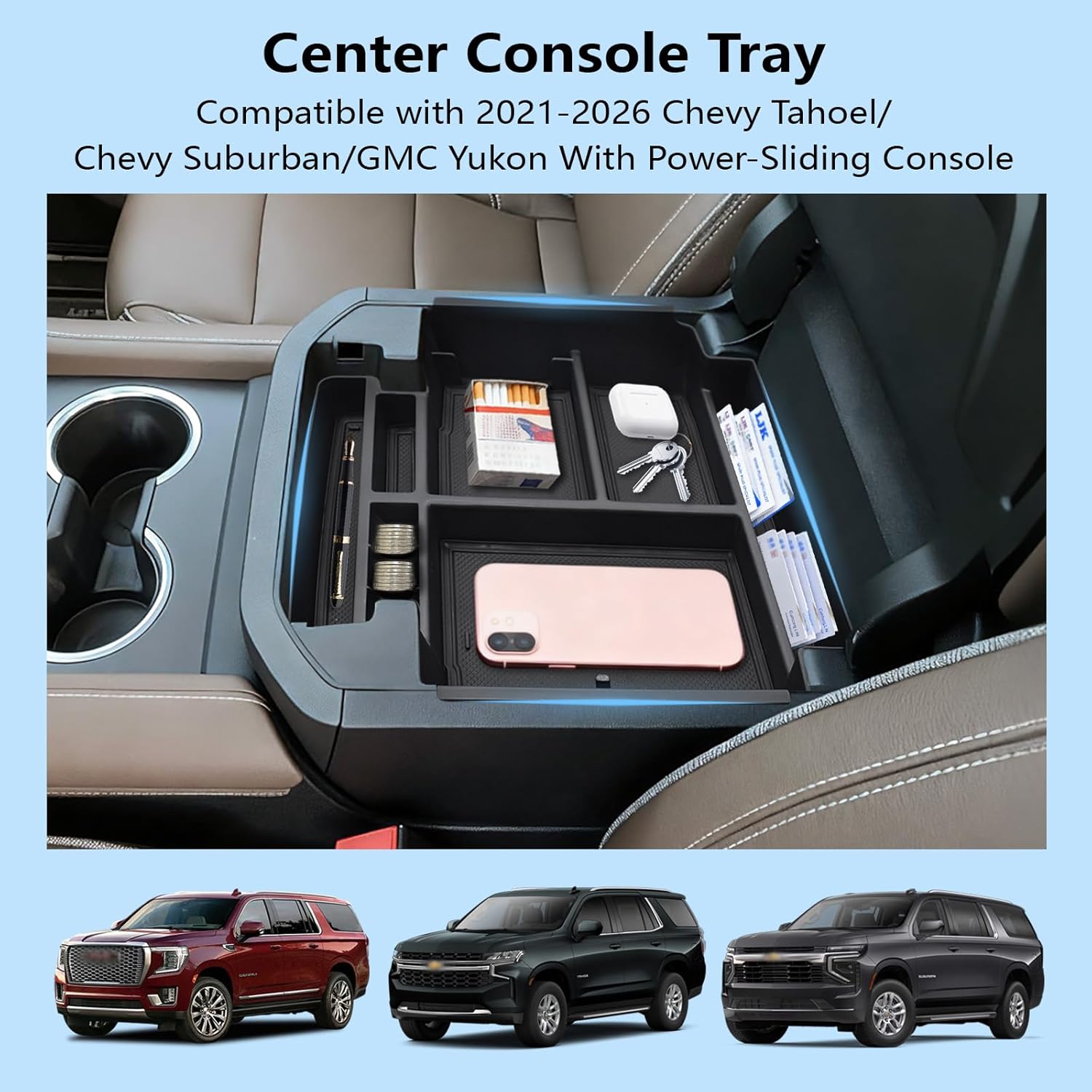 Center Console Organizer fit for 2021-2026 GMC YuKon Denali, Chevy Suburban/Tahoe Mini Compartments Design ABC Plastic Armrest Storage Box Insert Tray (ONLY for Power-Sliding Console)|Easy to Install|