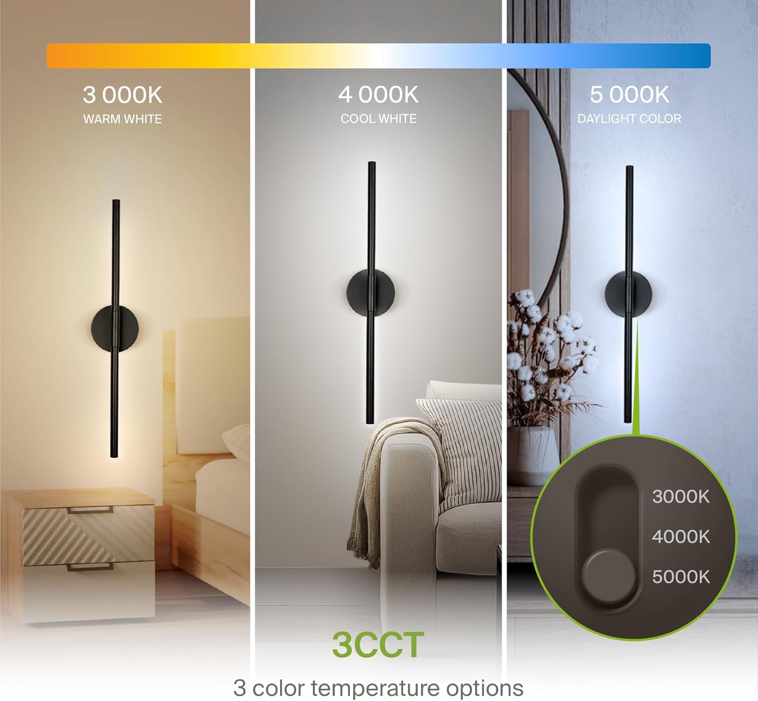 ASD LED 24" Linear Tube Wall Sconce, Modern Bathroom Light Bar | 3CCT, Dual 360° Rotatable, Dimmable, ETL Listed | 8W 666LM 3000-5000K 100-277V | Bedroom, Hallway Vanity Lighting | Black