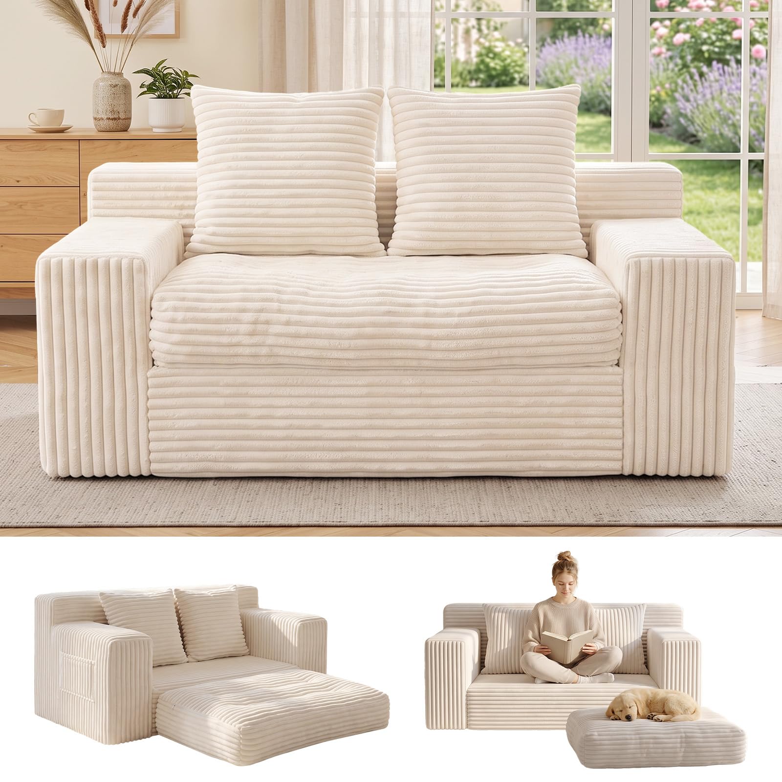 Small Boneless Couch, Boneless Loveseat Convertible Sofa Bed Sleeper Sofa Couch Bed with 2 Pillows, Corduroy Folding Floor Futon Foldable Boneless Couch for Living Room, Guest Room, Small Space, Beige