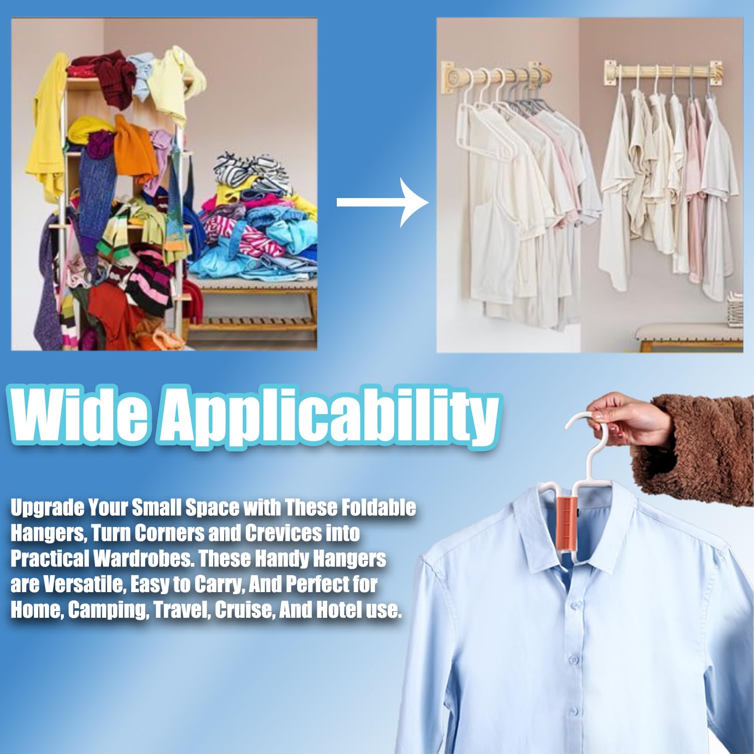 Perchas de viaje portátiles para ropa, paquete de 5 perchas plegables que ahorran espacio, perchas versátiles y plegables para toallas y clips para pantalones para una fácil colocación