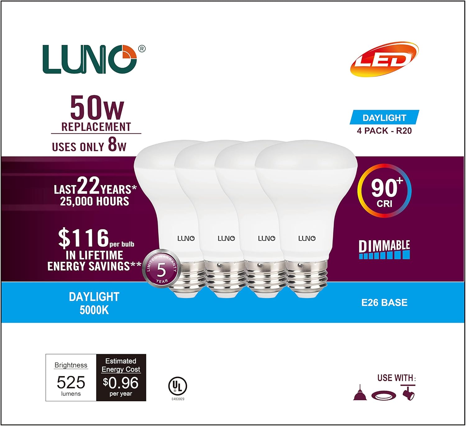 LUNO R20 Dimmable LED Bulb, CRI 90+, 8W (50W Equivalent), 525 Lumens, 5000K (Daylight), Medium Base (E26), UL & ENERGY STAR (4-Pack)