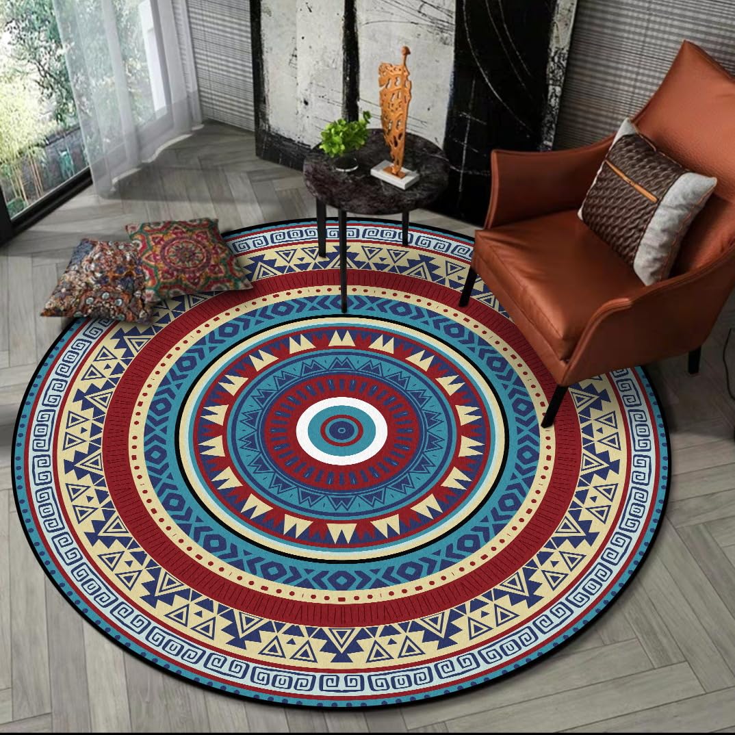 Schlafzimmer Waschbarer Teppich Rund ø 200 cm Wohnzimmer Groß Weiche Teppich Anti-Rutsch Unterseite Retro Geometrischer Runder Teppich Rot/Blau