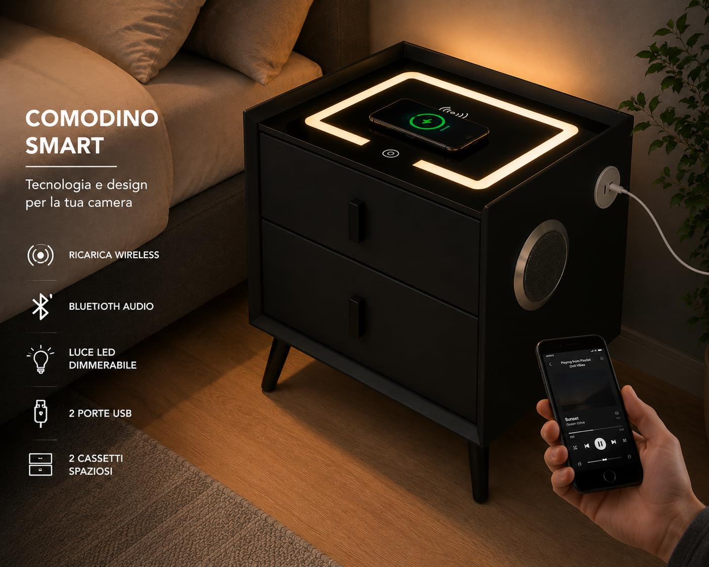 Comodino Smart con Ricarica Wireless, Bluetooth Audio, Luce LED, 2 Porte USB e 2 Cassetti, Tavolino da Camera Moderno 50x40x45 cm (Nero)