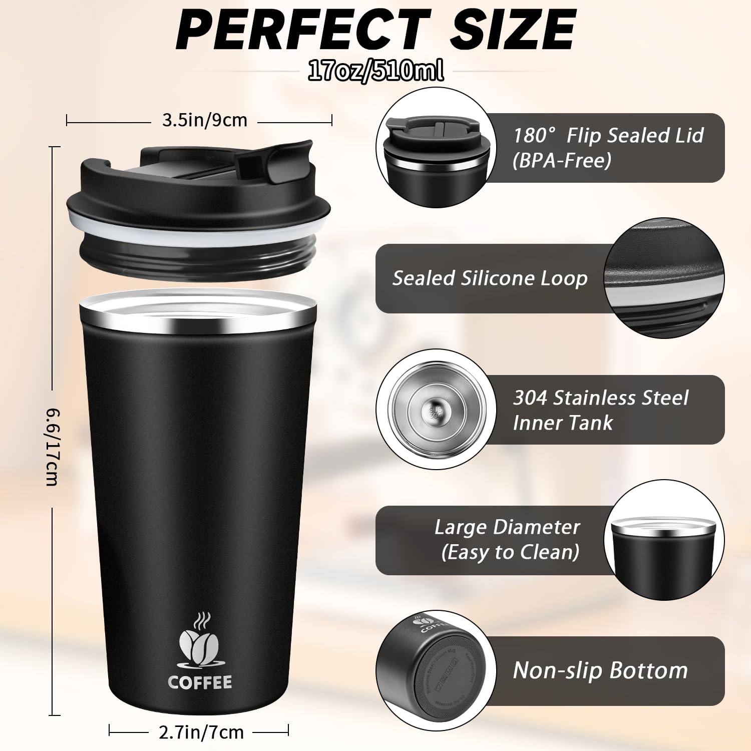 Taza de café reutilizable de 17 onzas, taza de café con tapa abatible a prueba de fugas para viajes, oficina, escuela, fiesta, camping, acero inoxidable, color negro