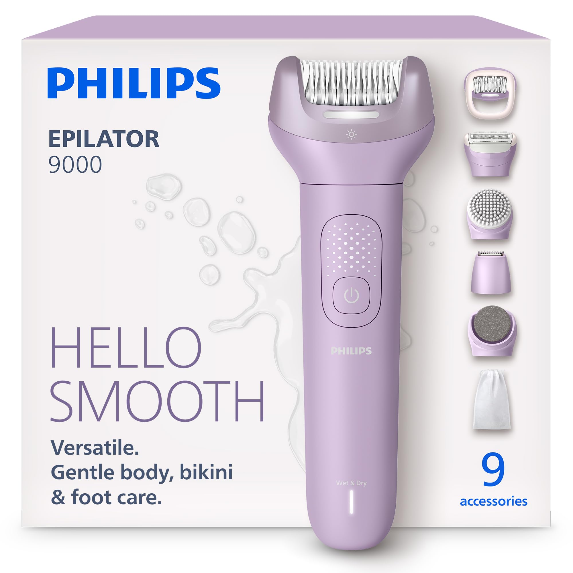 Philips Epilator Series 9000 - Cordless Wet and Dry Epilator, Shaver & Trimmer for Women, Hair Removal for Legs, Body and Bikini, with ProGuide, 9 Accessories, 60 min. Runtime, Model BRE728/00 - 2
