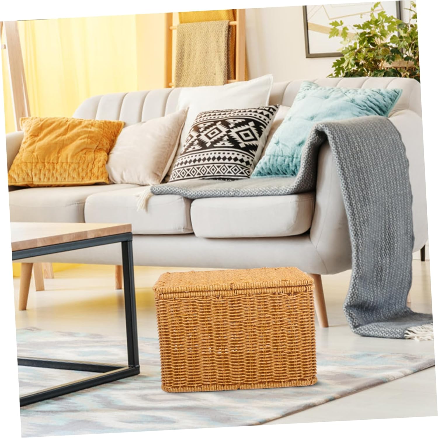 PRETYZOOM Imitation Rattan Woven Basket with Lid Small Multi Purpose Storage Box for Home Organization Spacious Sundries Container for Bedroom Kitchen Laundry Natural Decorative Storage