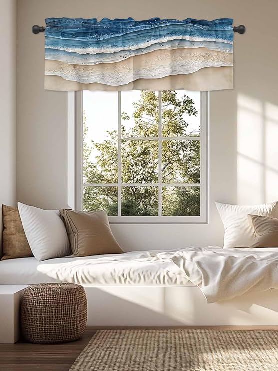 Blue Beach Coastal Valances for Windows, Summer Nautical Kitchen Curtains Window Treatment Decor, Ocean Seaside Beige Rod Pocket Short Window Valances for Living Room/Bedroom, 42