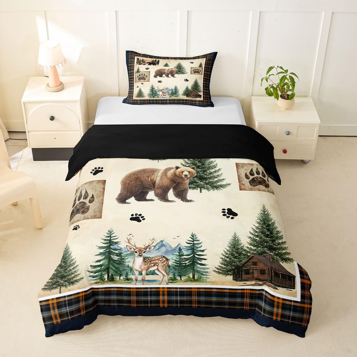 Erosebridal Rustic Cabin Toddler Comforter Cover Bear Deer Wild Animals Duvet Cover for Kids Teens Buffalo Plaid Ginham Bedding Set Woodland Bear Paw Print Bed Set with Zipper Farmhouse Decor