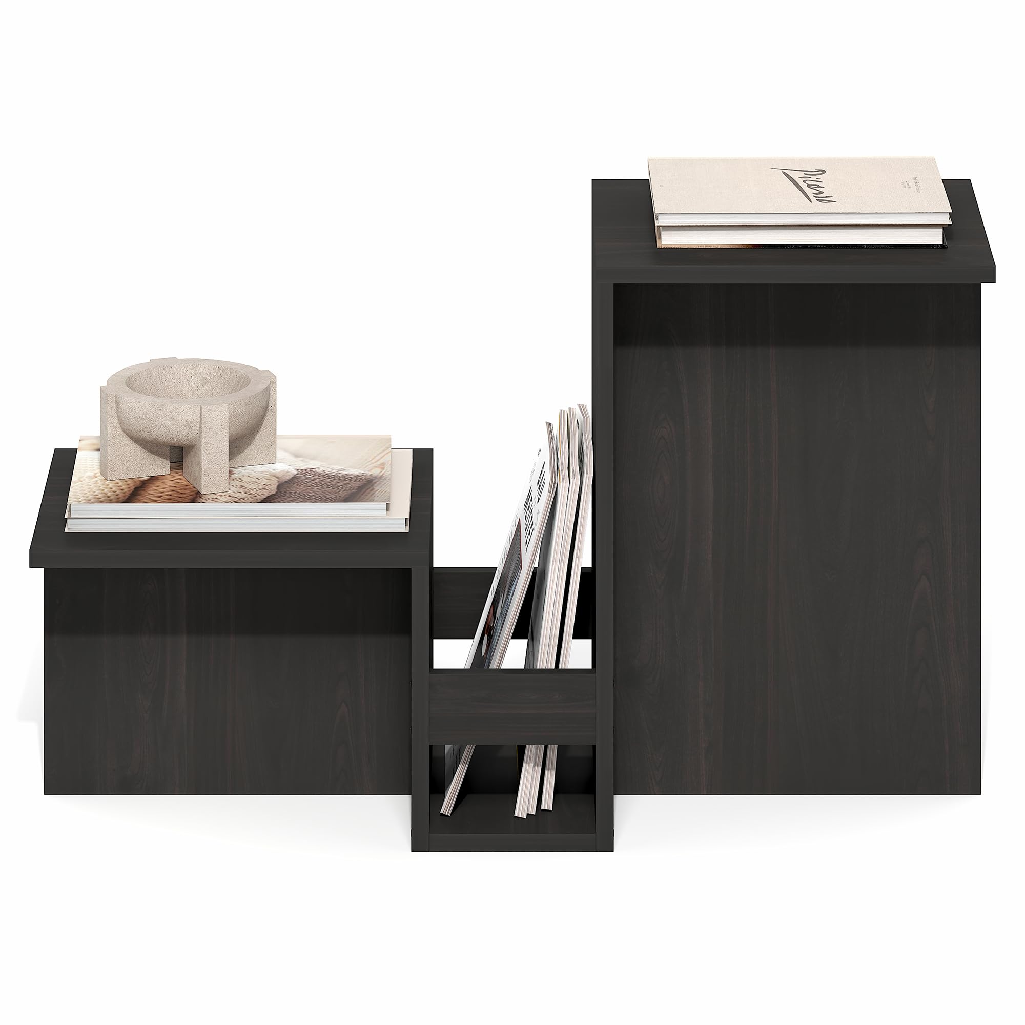 Furinno BOYATE Tavolino laterale, tavolino a forma di valle, tavolino con ripiano a più livelli e portariviste, per soggiorno, espresso