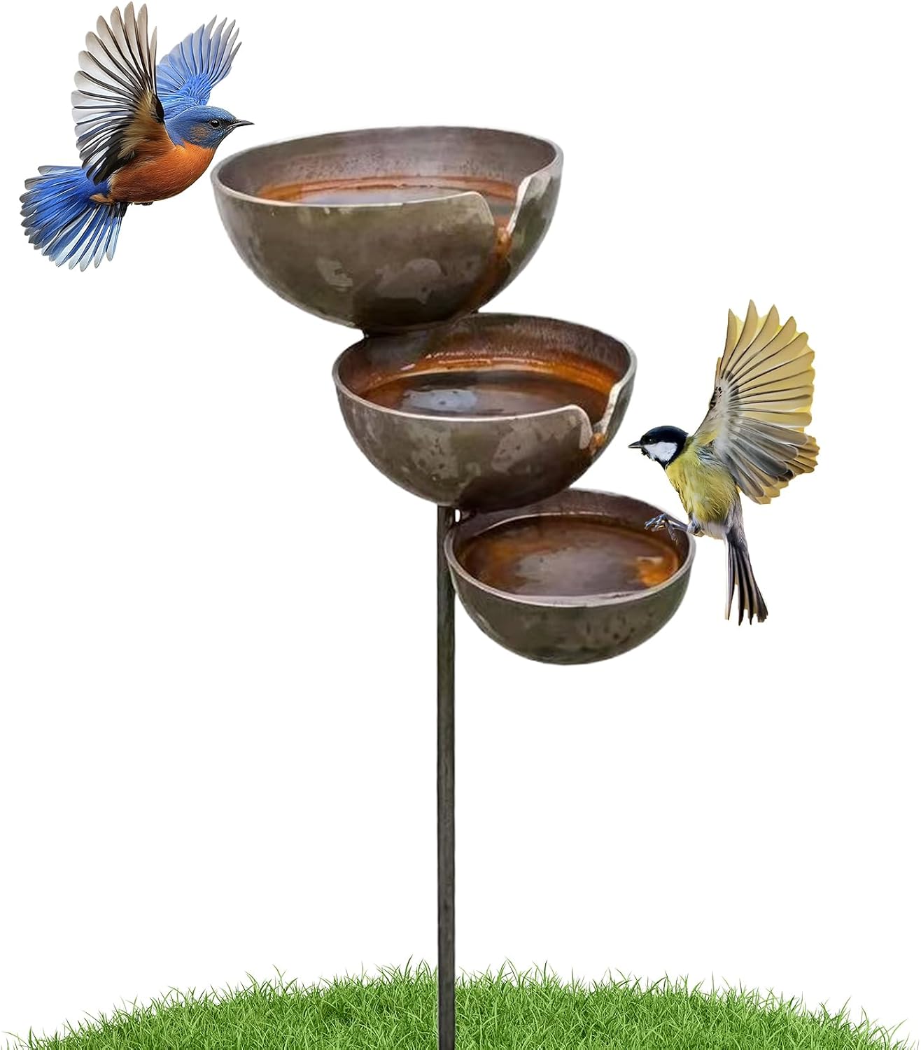 3-Tier Metal Bird Bath Stake, Cascading Bowl Fountain, Standing Bird Bath, Bee Waterer, Bee Baths for Garden Stake, Retro Style, 26.77 x 4.72 in, No Wiring Required, Garden Decor