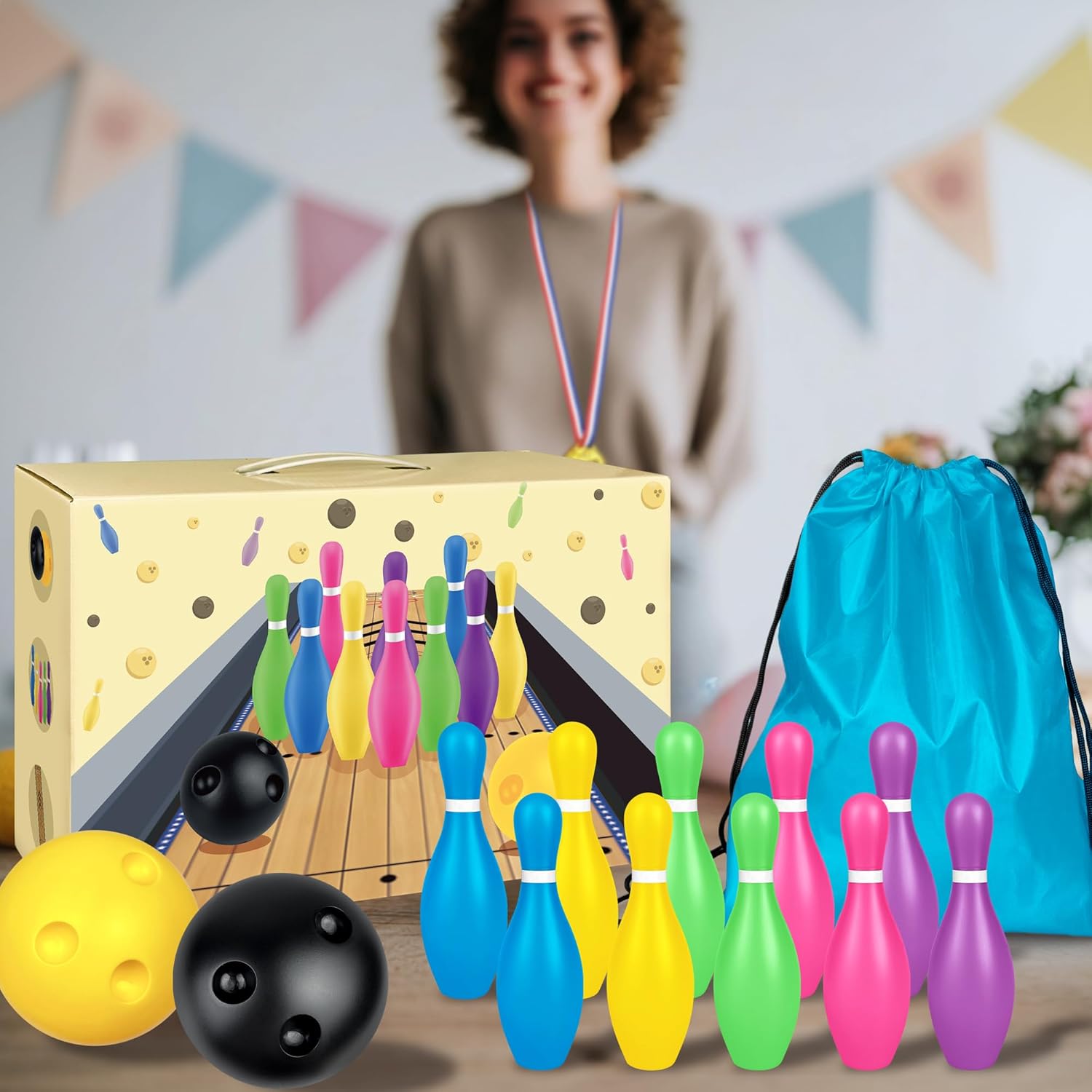 Mini Bowling Set Indoor Outdoor Indoor Bowling Set with Guide Arrow Mat Gold and Silver Medal Backpack Dispensing