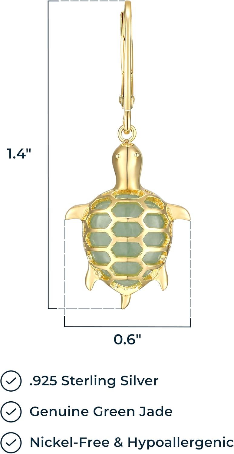 .925 Sterling Silver 14K Gold Plated Genuine Jade Turtle Dangle Earrings for Women - Sterling Silver Earrings, Hypoallergenic and Comfortable Secure Fit Jewelry for Her
