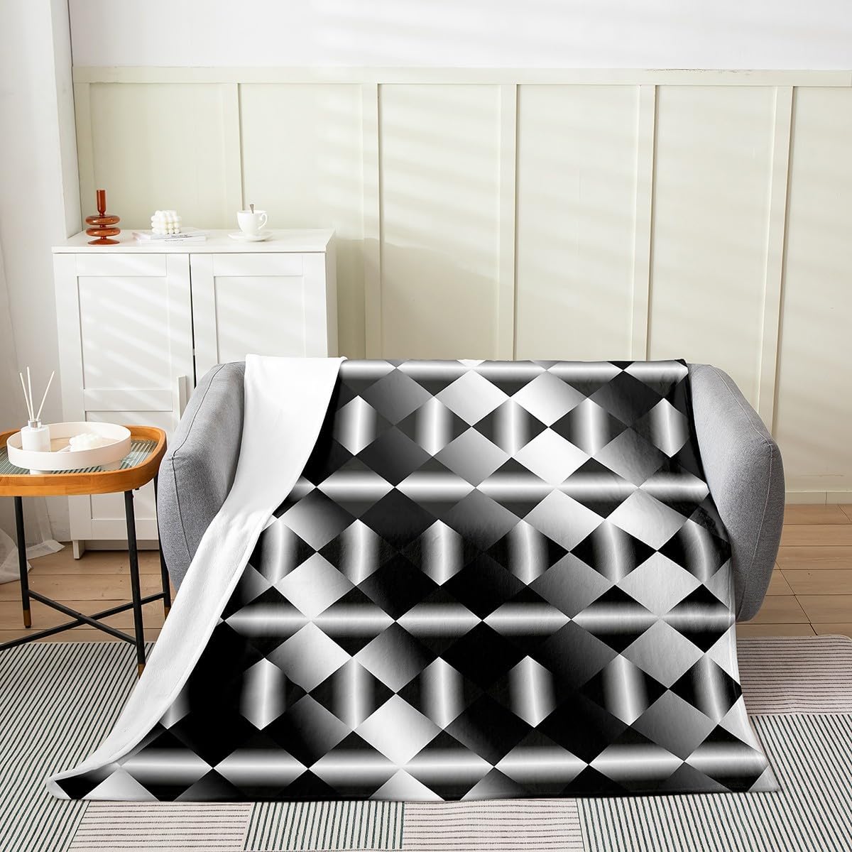 Abstract Waves Fleece Blanket,Black Gray Navy Wavy Lines Gradinet Ombre Bed Blanket for Kids Teens,Modern Geometric Splicing Flannel Blanket for Room Decor,Queen 90"x90"
