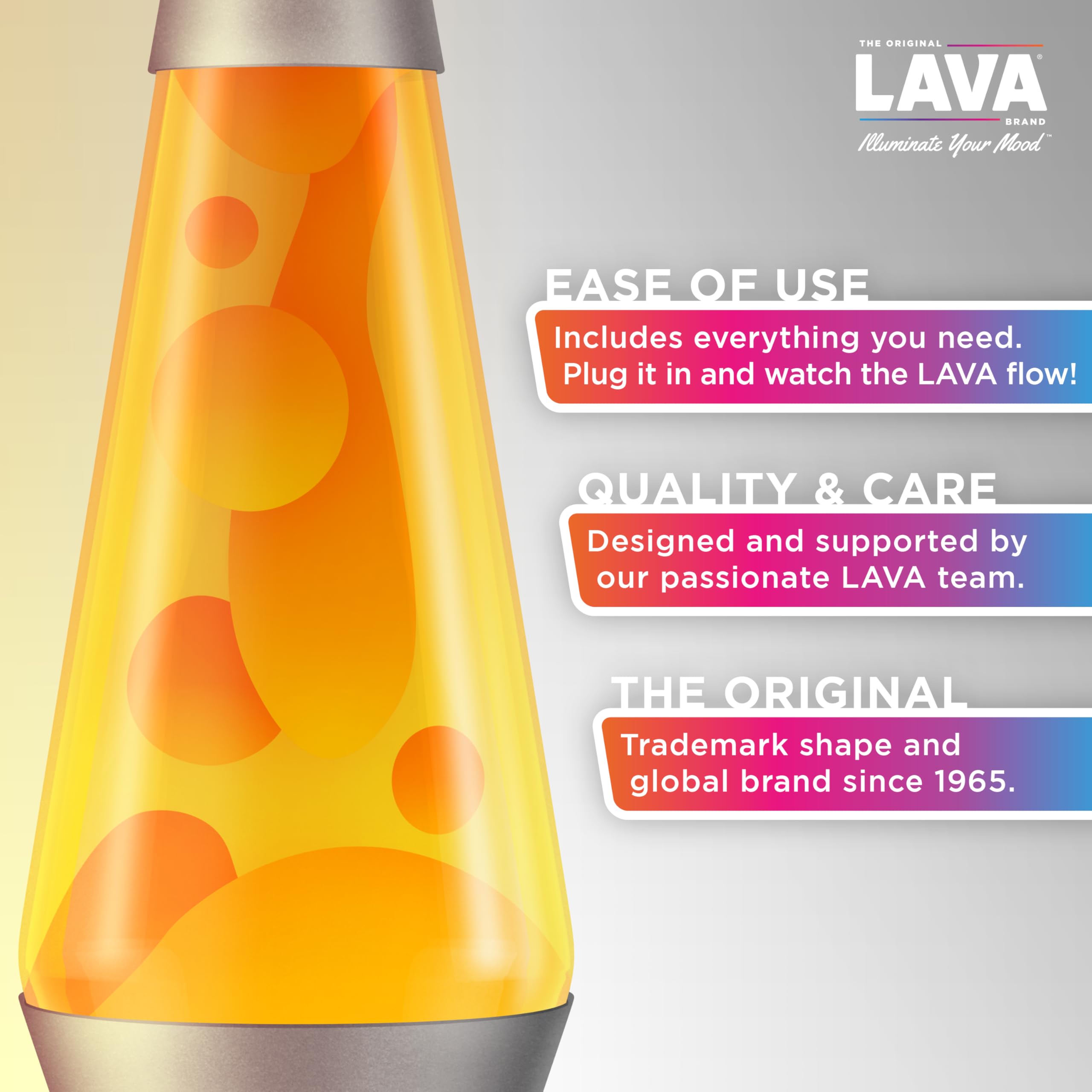 Lava Lampada - 14.5" - Lampada originale Motion - Liquido arancione e giallo con base argento - Art. #2129