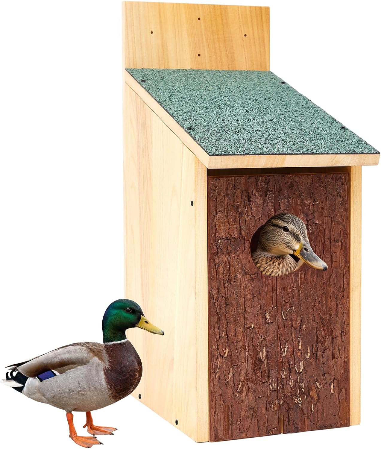 Yaocom 22.8 x 14.6 x 11.0 Inch Wooden Duck Nesting Box with Bark Door Asphalt Roof Waterproof Camouflage Duck House for Outside Tree Wall & Pole Installation