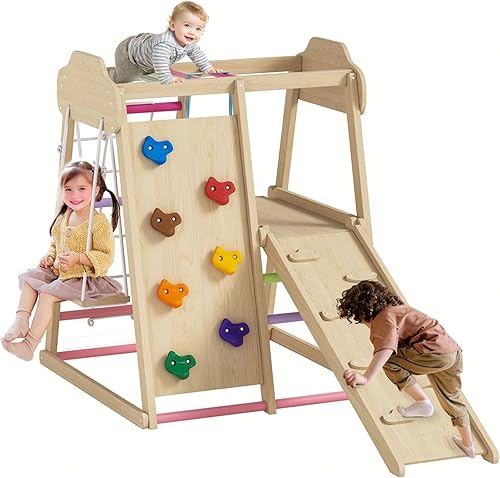 Zona de juegos interior para niños, 8 en 1, gimnasio de la selva para niños pequeños con tobogán, escalera doble, columpio, red de escalada,