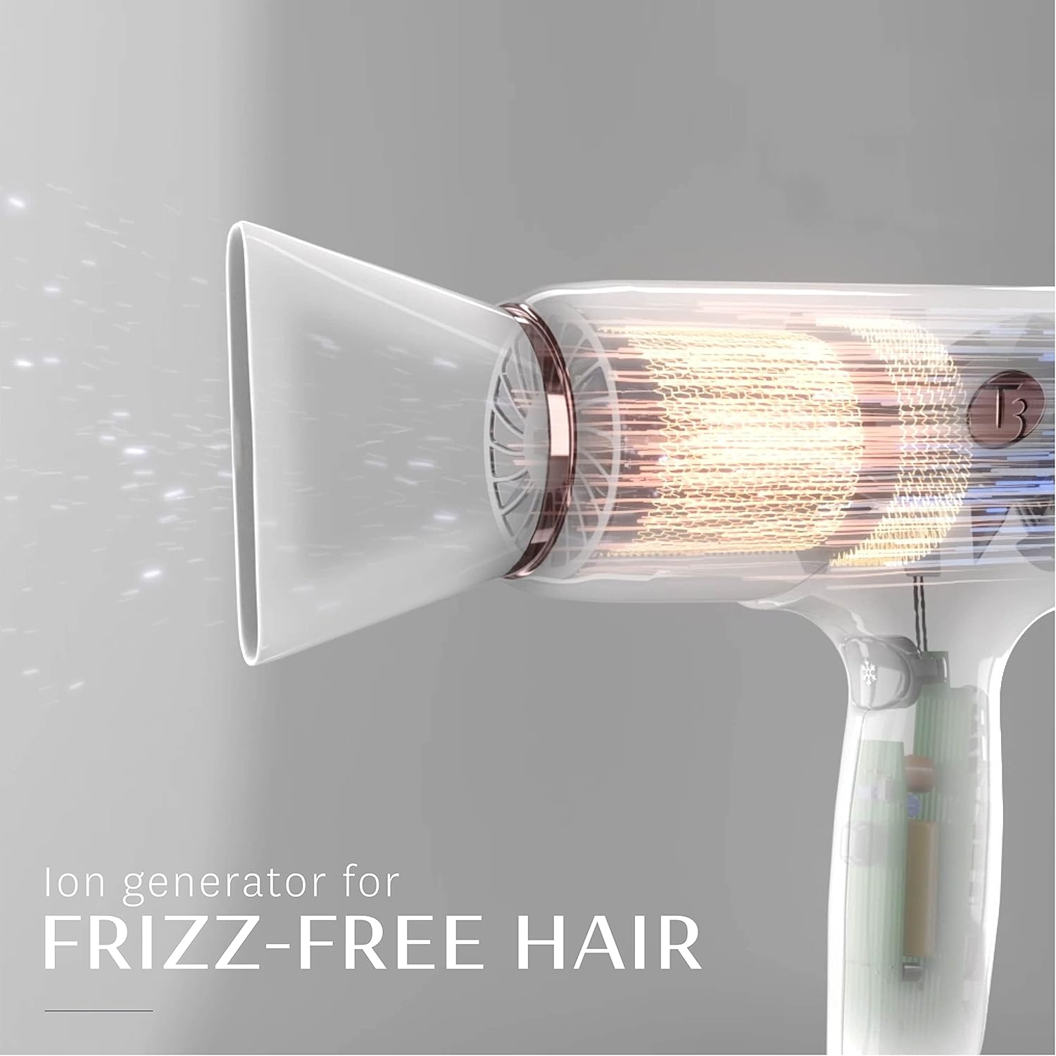 Diagram showing the ion generator within the T3 Micro Cura hair dryer for frizz-free results.