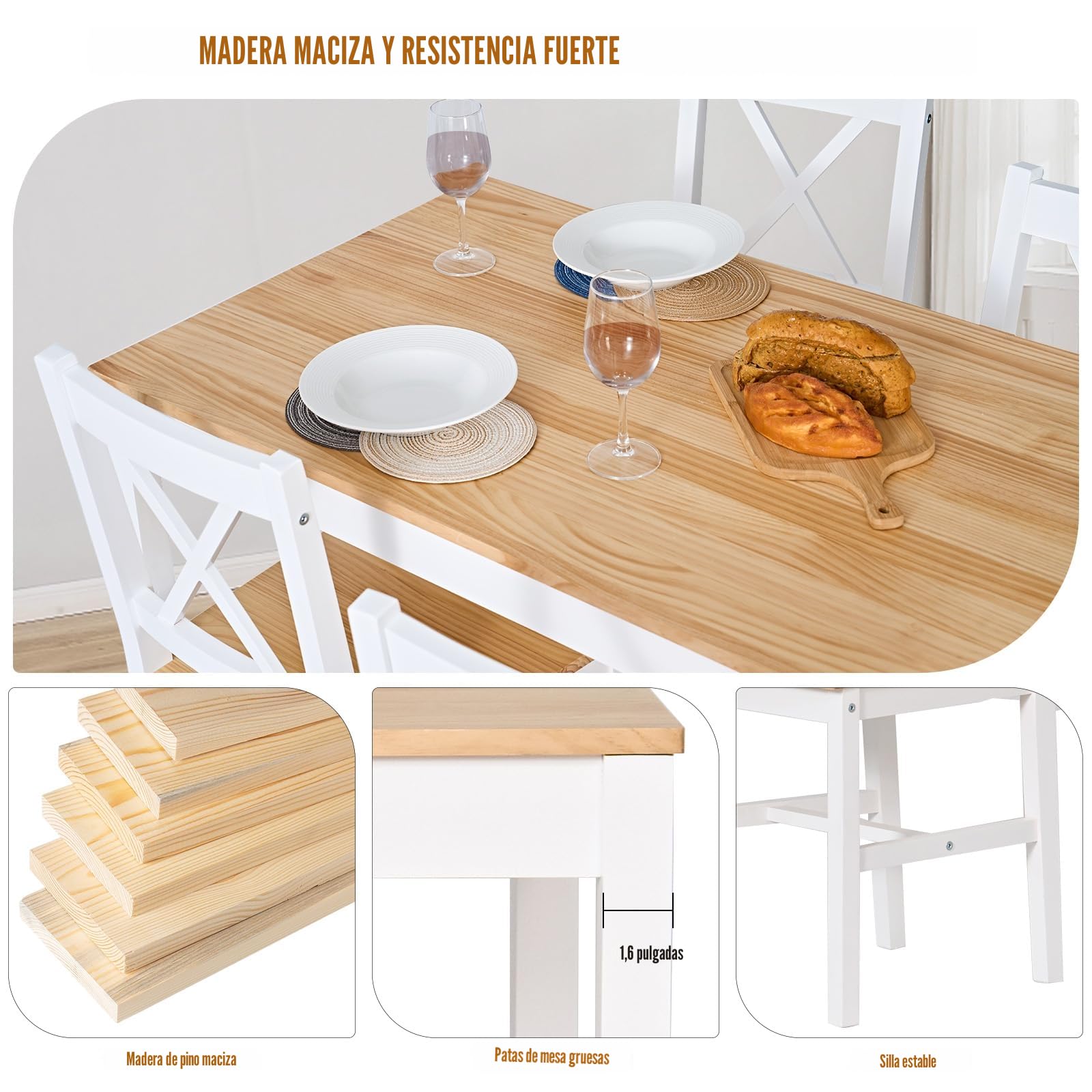 soges Juego de Muebles Comedor con 4 Sillas y Mesa de Comedor de Cocina, Conjunto de Mesa de Comedor de 5 Piezas para Cocina Comedor