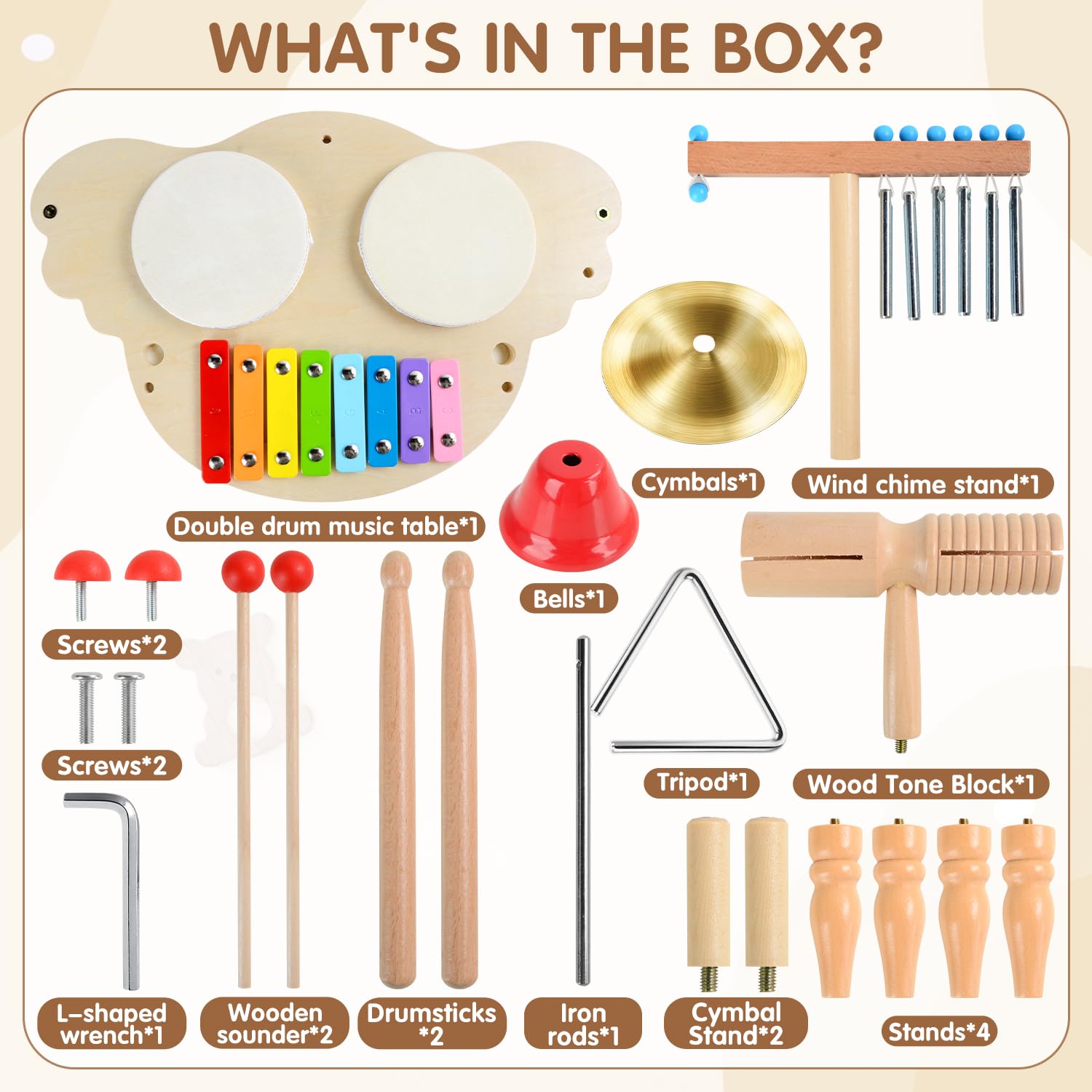 Tambor Infantil de Madera, 7 IN1 Batería Musical para Niños con Xilófono, Juguete Educativo Montessori, Instrumentos Musicales Juguetes de Madera Regalo para Bebé Niño Niña 2 3 4 5 Años