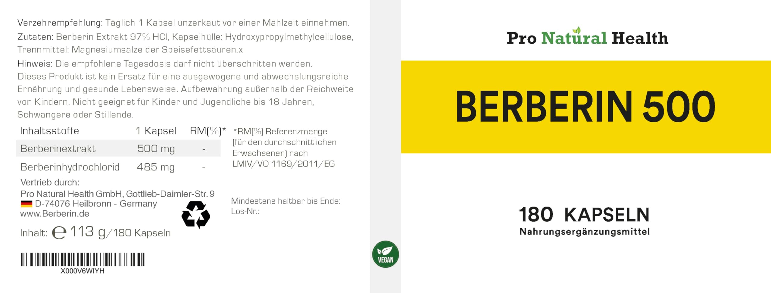 Berberina 500 mg I 180 cápsulas - Fabricado en Alemania - vegano - alta concentración 97% de berberina HCl - complemento alimenticio natural - extracto de raíz de la planta Berberis Aristata