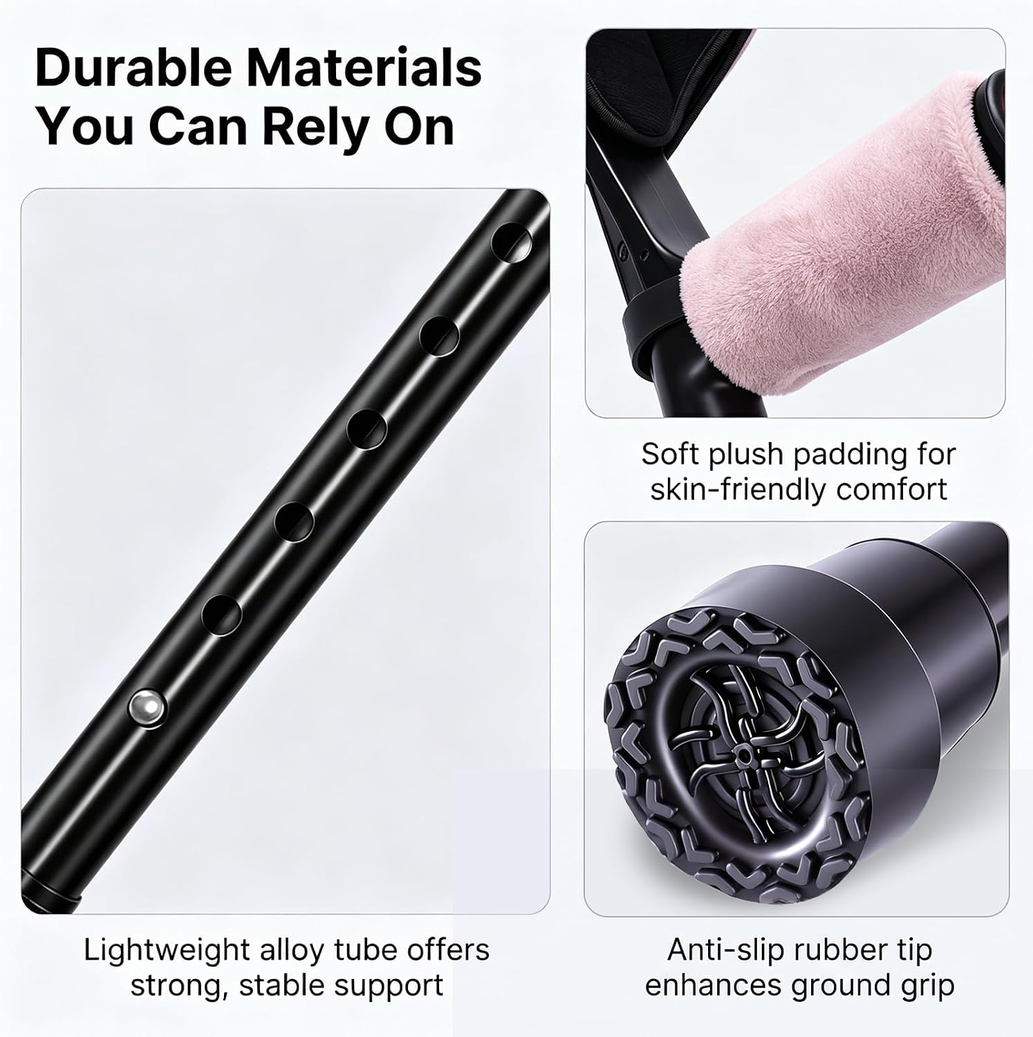 Elbow Crutch for Women Adults, Adjustable Foldable Forearm Crutch with Padded Elbow & Hand Protector, 10-Level Height, Light, Aluminum, 330 lbs Comfort Grip for Recovery, Black with Pink Cuff