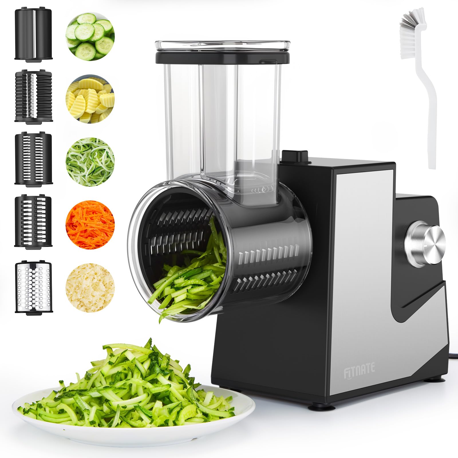 FITNATE Gemüseschneider Elektrisch, Elektrische Käsereibe, Käsereibe, Reibe für Gemüse mit 5 Einsätzen, Küchenmaschine, Silber, Reibe für Obst und Gemüse, Käse, 250 W mit Eu stecker | große Einfüllöffnung, rutschfeste Saugfüße