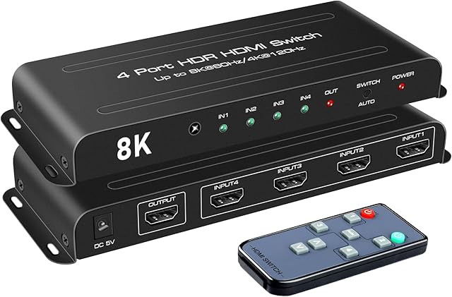 8K 60HZ HDMI 2.1 Switch 4X1, HDMI Switch Splitter 4K 120Hz, HDMI Switcher 4 In 1 Out 4 Port HDMI Selector support 48Gbps VRR HDCP2.3 HDR10 D-olby Vision for QLED TV,PS5,Xbox,SkY Q,Roku,Fire Stick