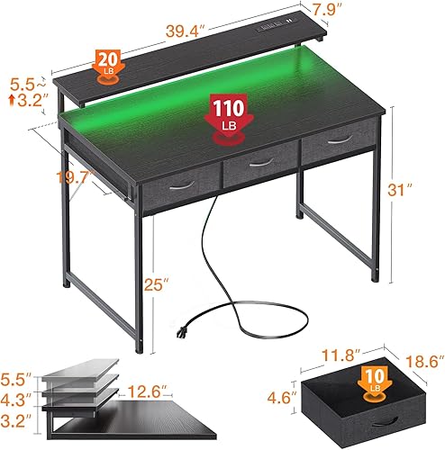 Miniatura 3 de ODK Escritorio pequeño para computadora de 40 pulgadas con 3 cajones y puerto de carga USB y toma de corriente, escritorio de oficina con luz LED,