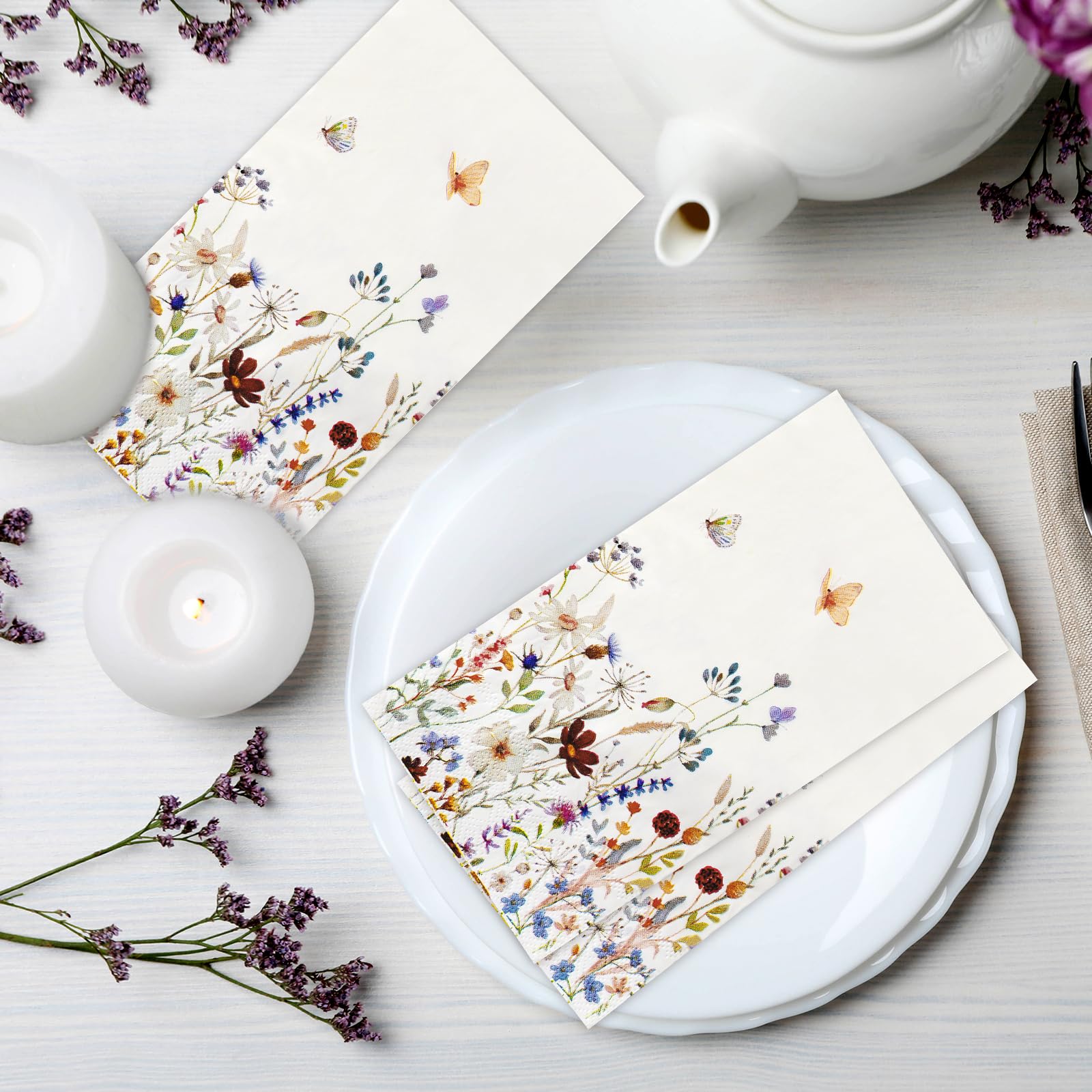 Hunanyume 100 servilletas vintage de flores silvestres con acuarela floral, servilletas de papel de 3 capas, toallas de mano desechables para baño, boda, baby shower, fiesta de cumpleaños