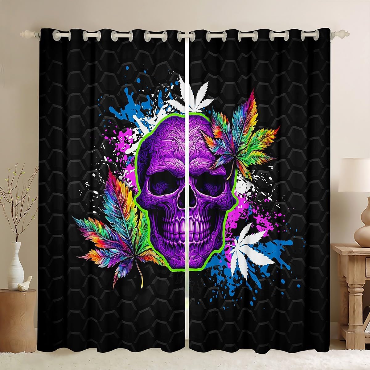 Manfei Purple Skull Window Curtains Colorful Weed Leaves Window Drapes for Kids Boys Girls Room Decor, Black Honeycomb Window Treatments Grommet Top 2 Panel Set Bedroom Curtains, 42Wx63L inch