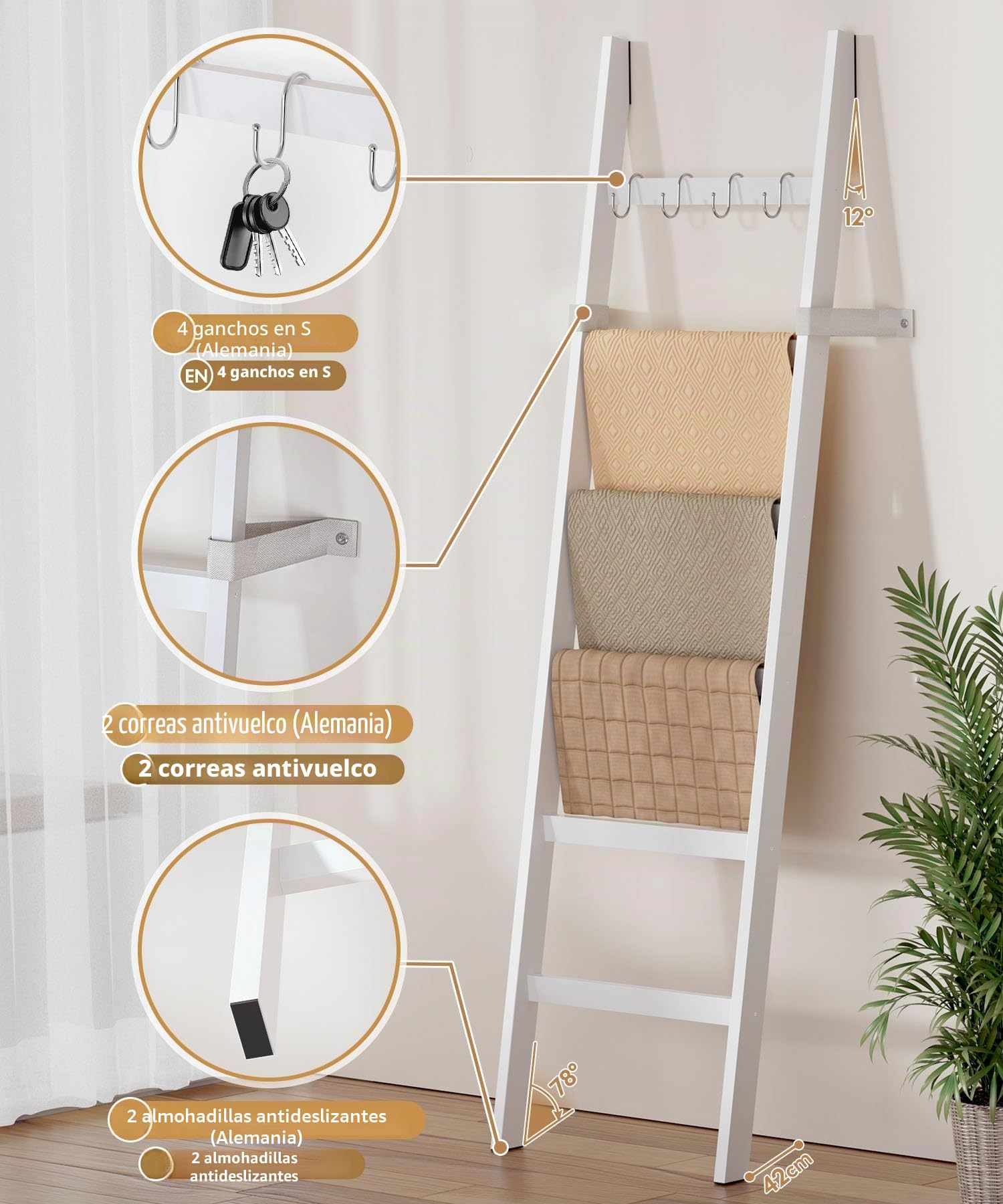 Yorbay Toallero Escalera con 6 Peldaños 2 Correas de Seguridad contra Caídas y 4 Ganchos Toallero para Baño Decorativo Escalera de bambú Escalera Decorativa (Blanco)