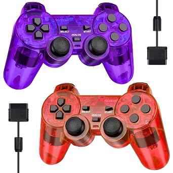 GamingBoy Wired Controller for PS2, 2 Pack Gamepad Remote Double Shock Compatible with Play station 2, with 1.8M CableClear Red and Clear Purple