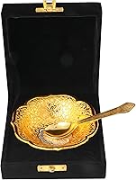 Vista 8 de SATVIK - Juego de 1 tazón de fuente para servir en relieve con diseño de flores de loto bañadas en oro y plata, con cuchara, para Navidad
