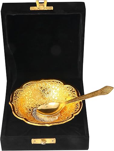 Miniatura 9 de SATVIK - Juego de 1 tazón de fuente para servir en relieve con diseño de flores de loto bañadas en oro y plata, con cuchara, para Navidad,