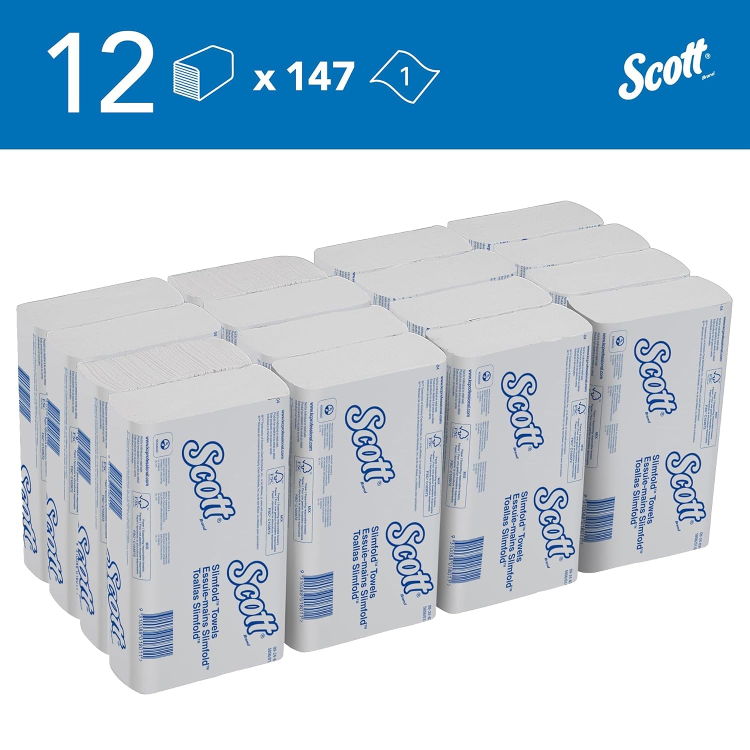 Ręczniki do rąk Scott 5856 Slimfold — 16 opakowań x 110 białych, 1-warstwowych arkuszy