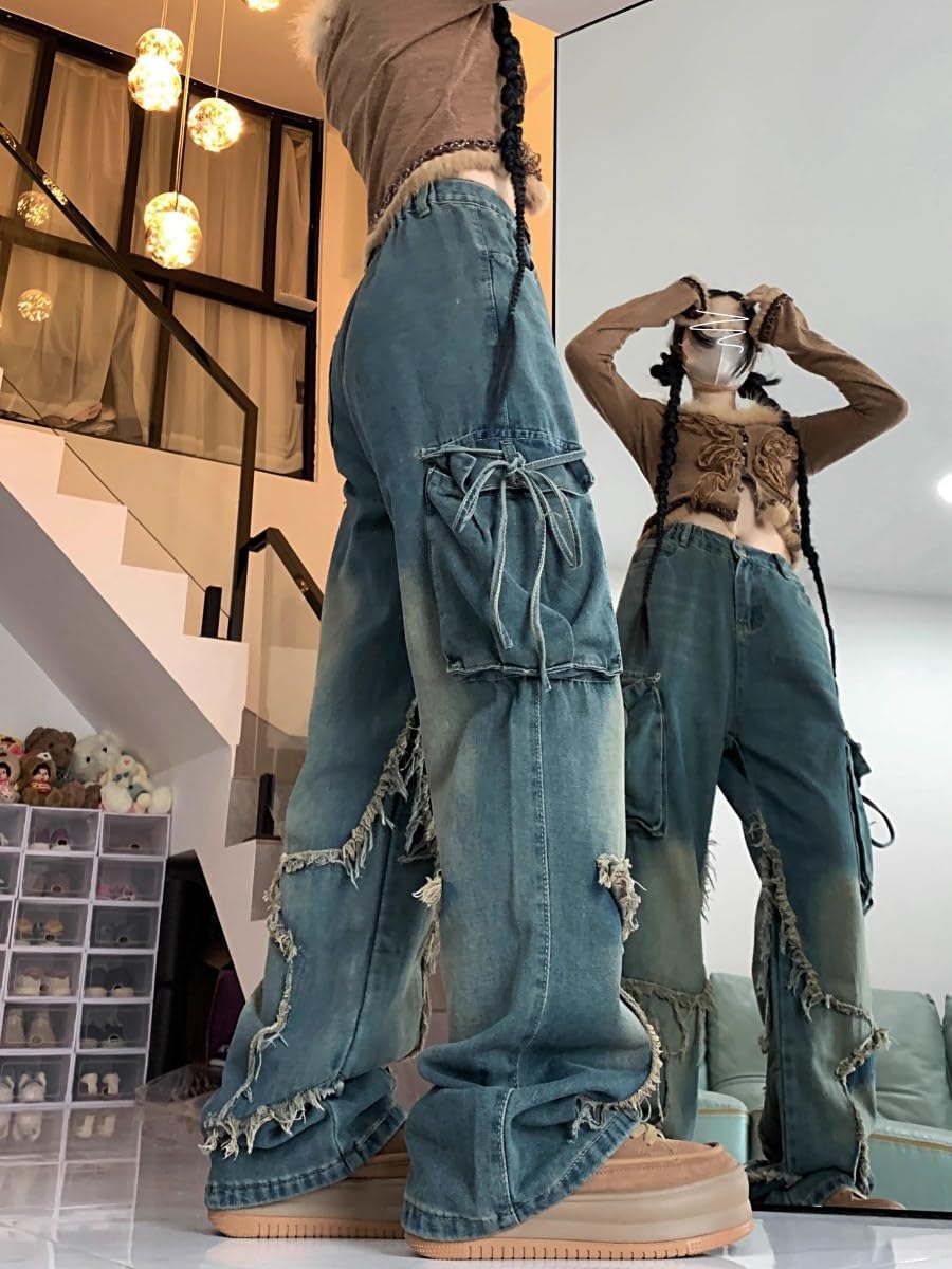 Y2K Baggy Ripped Jeans for Women – Wide Leg Butterfly Print & Star Patch Distressed Denim Pants High Waist Streetwear - Image 4