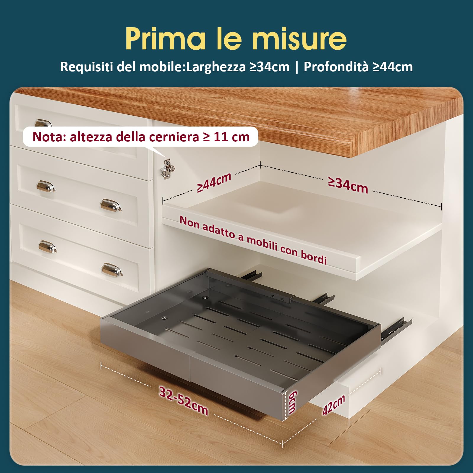 Set Di 2 Cassetti Estraibili Per Cucina Regolabili In Larghezza (32-52 Cm) - In Acciaio, Guide Scorrevoli Silenziose, Fino A 30 Kg
