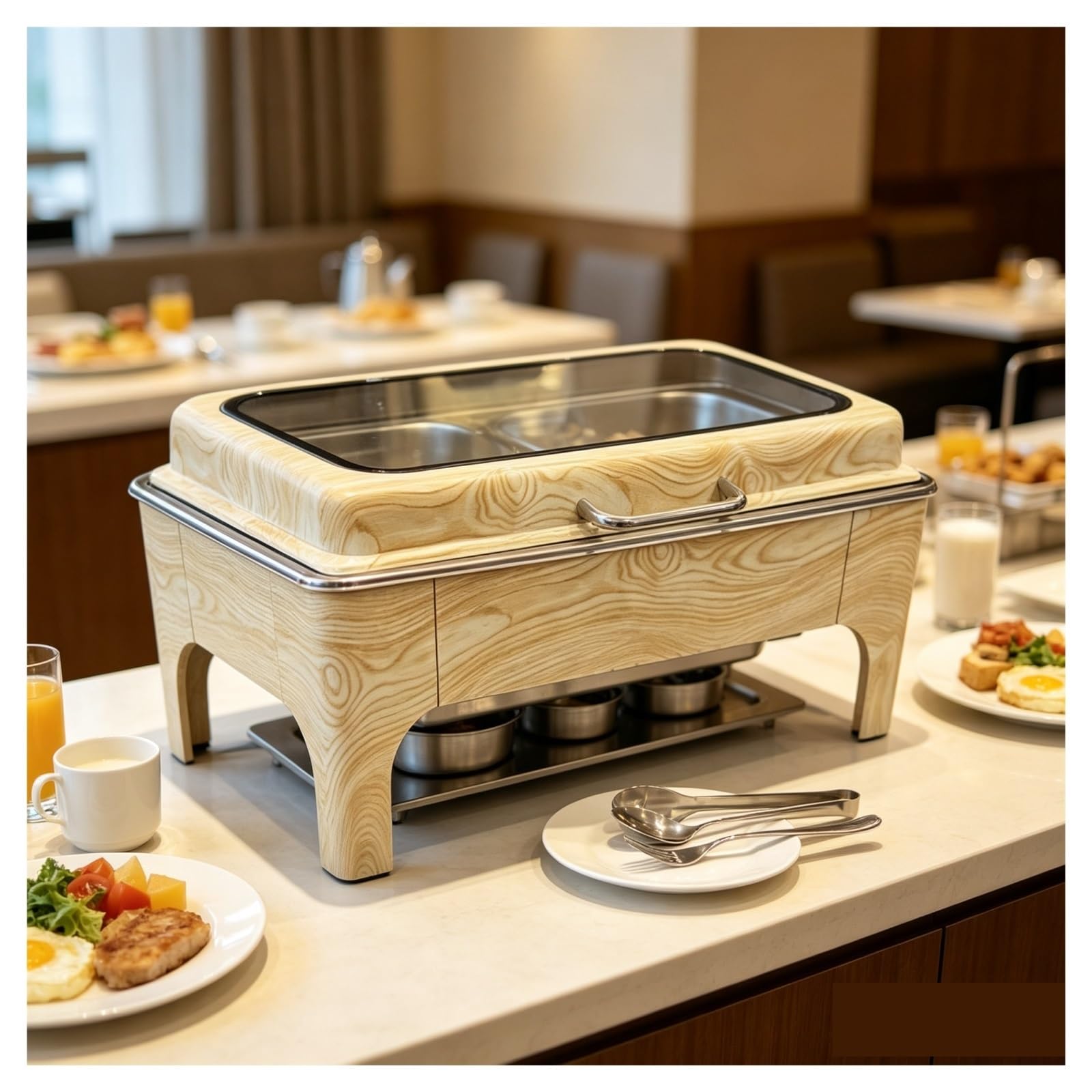 Servidor de buffet rectangular con plato de abejorro de grano de madera