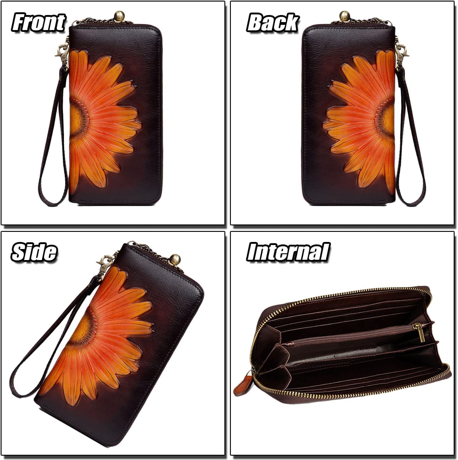 [AMVIKS] 女性の花柄レザーウォレット、ジップアラウンド携帯電話リストレットクラッチ財布、RFID ブロッキングカードホルダー