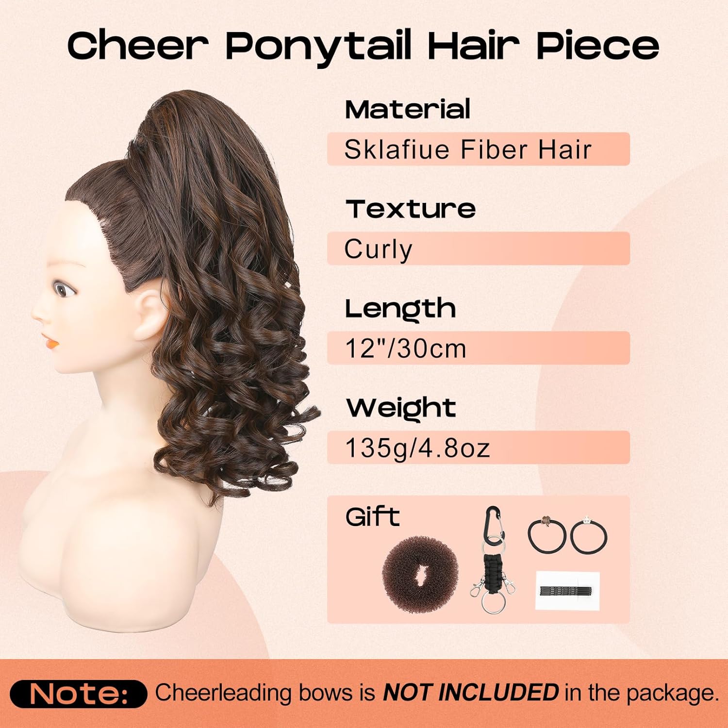 seikea cheer ponytail hair piece, 14" curly cheerleader hairpiece ponytail extension for cheerleader competition, dance black brown with deep brown highlights