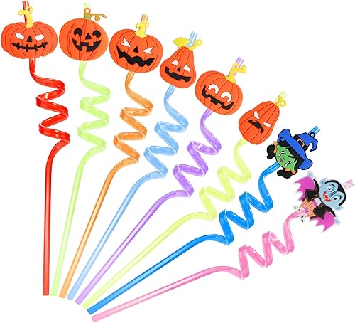 Miniatura 1 de Paquete de 24 agitadores de cóctel, pajitas curvas, transparentes, reutilizables, con patrón de calabaza, bruja y araña, pajitas para decoración de