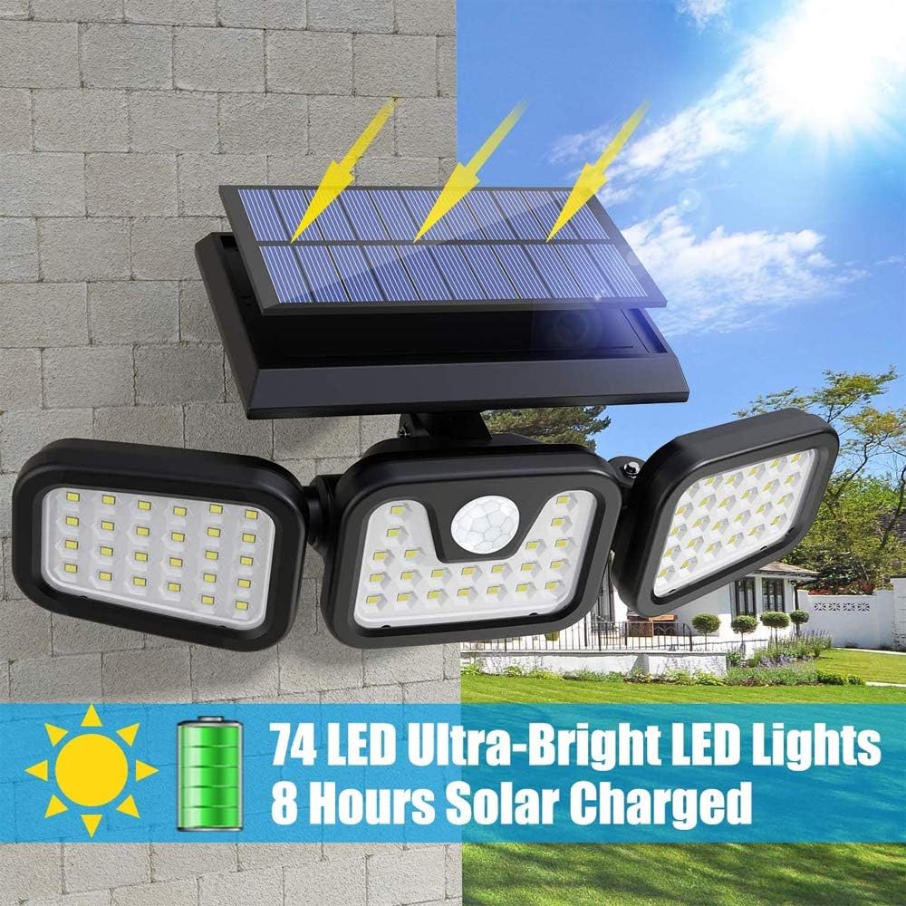Solar Lights Outdoor,3 Head Motion Sensor Lights Solar Powered, 74 LED Security Floods Light IP65 Waterproof 270°Wide Angle Illumination Spotlights for Garden, Patio,Yard,Porch,Garage Pathway(2 Pack)